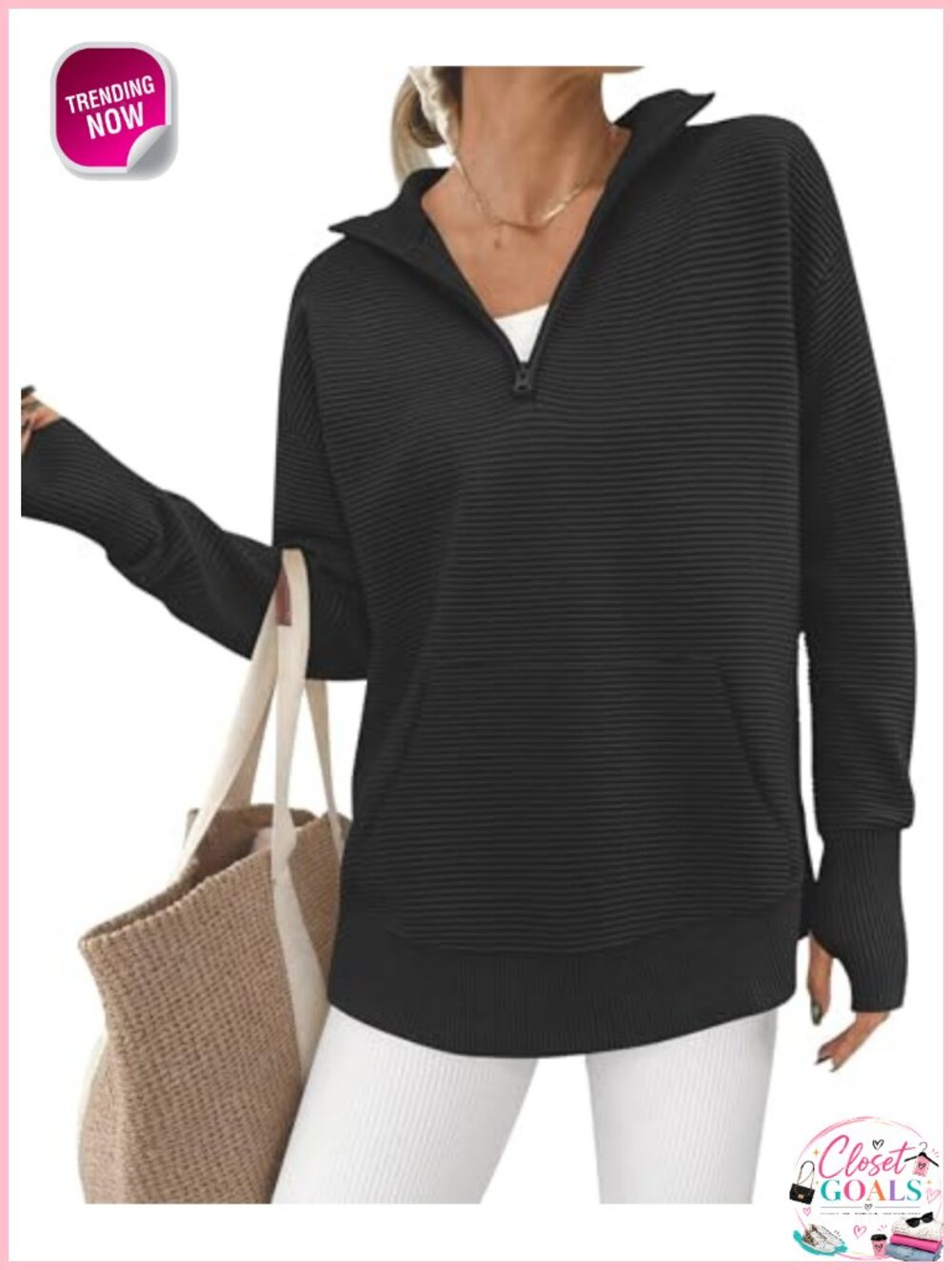 Quarter Zip Ribbed Knit Sweater with Thumb Hole Kangaroo Pocket Loose Fit